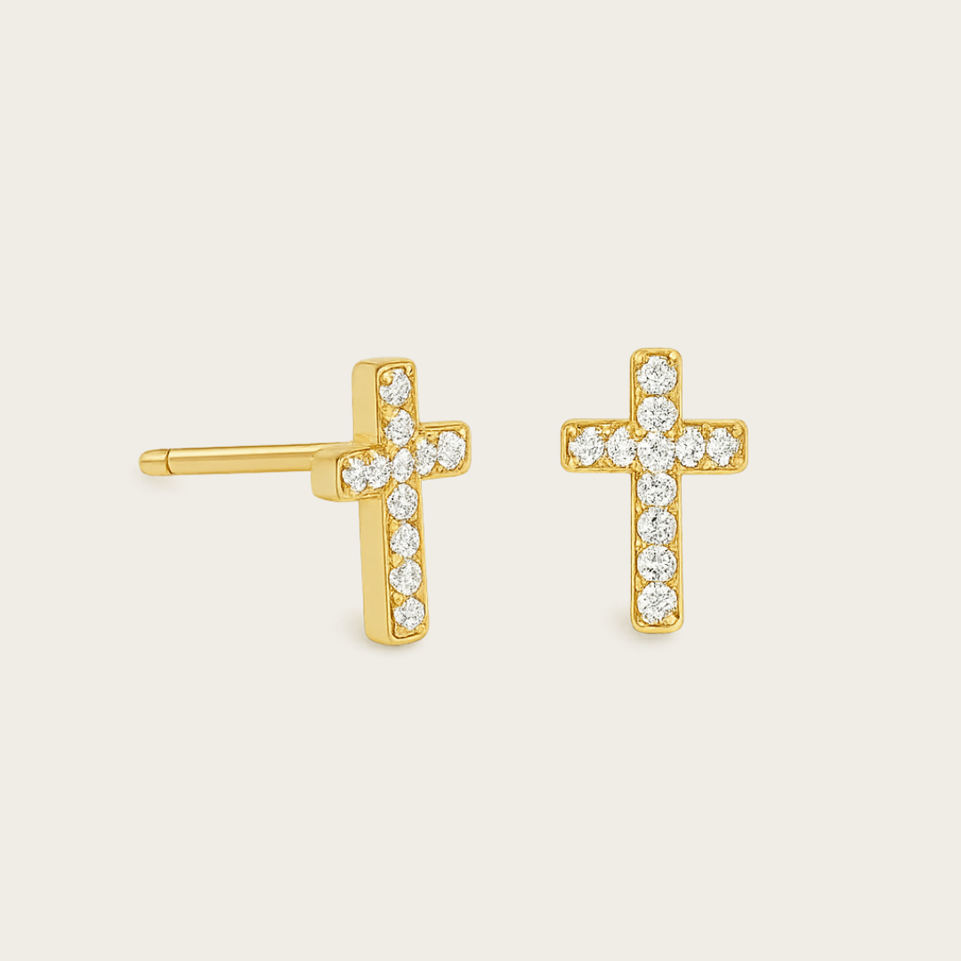 Dainty Cross Stud Earrings – Gold or Silver Tone with Cubic Zirconia